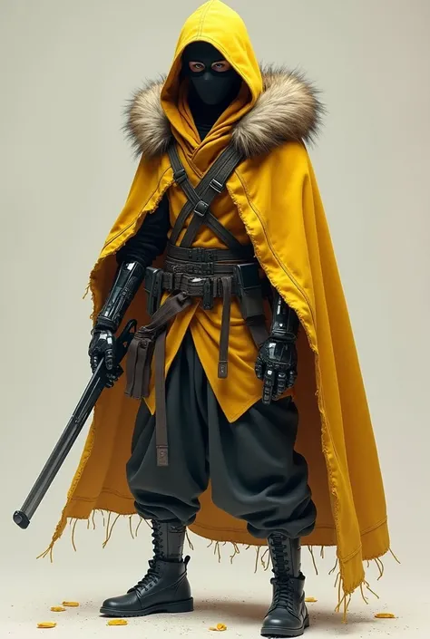 A ninja with a mask, yellow blanket with fur on the hood and the robotic left arm holding the arm 
