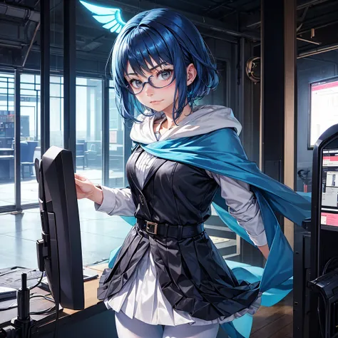 1 Girl, Lilawil, Blue Hair, Blue Eyes, Short hair, Black shawl, skirt, White pantyhose, Blue Devil Wings, Blue glasses, Mini,, indoor, Hideout, Many monitors, phantom thief Hideout,, , 