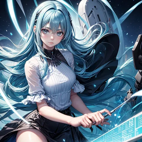 ((masterpiece)), (), (Detailed), (1 Girl), (Internal data flow) Light blue gradient hair, Light blue glowing eyes, Straight Hair, Wearing a modern white shirt and black dress, Covered by data particles, Locked around the neck