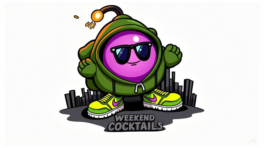 GIANT spherical Bob-omb, hood bag, with the fuse on fire in the head, with dark sunglasses, with green Nike tennis shoes, Drinking a slush cocktail in a white styrofoam cup, with the name of the establishment called WEEKEND cocktails, caricature style.