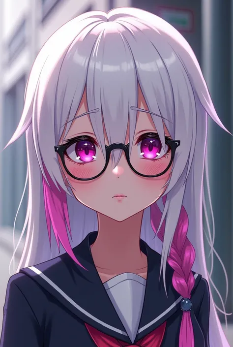 A white-skinned teenager , white hair with dark fuchsia highlights, light pink , small locks with a black color , tired dark fuchsia eyes, black glasses,  UA uniform , No hero