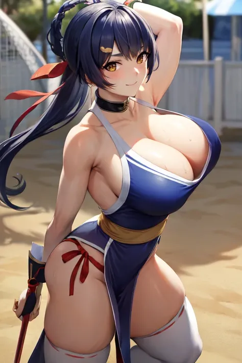 masterpiece, best quality, beautiful art, high resolution, well formed hands, body and fingers, 1 woman, solo, Xiangling, adult, grown up, large and big breasted, cleavage,  full body, braided long hair, blue_japanese_clothes, wearing DOA Kasumis blue kuno...