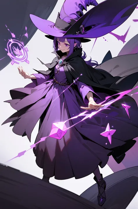 A witch woman. She has spiky purple hair. She wears a witchs hat, a cloak over a dress. Discreet clothing, no appeal. simple body, without exaggeration. simple art. .Magical runes Conjuring magic. smiling mockingly. partially top view. perspective. high re...