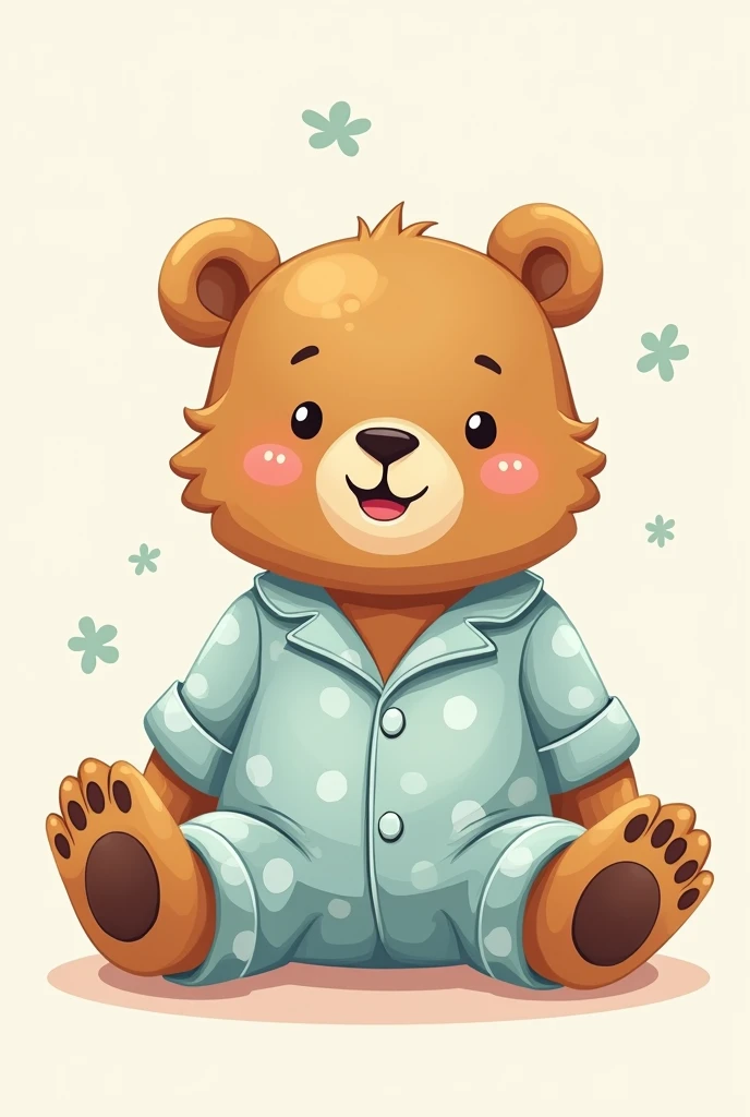 A bear wearing pajamas sitting with legs open in cartoon form 
