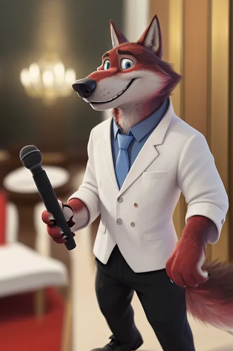 Joachim Wolfbach (Moscow),tall handsome, wolf,young, 24 years, brown fur,(red body:1.3),Blue eyes,restored,wedding,banquet,dressed,white suit, shirt red tie, trousers,shoes,canine, wolf, detailed fur, male, second, paw pads, finger claws,looks at the viewe...