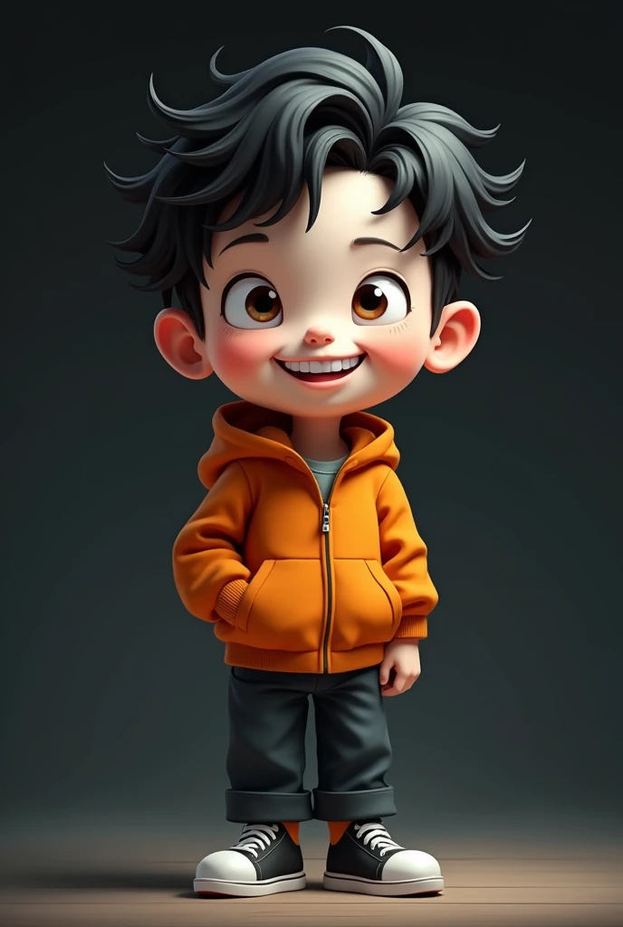 masterpiece, best quality, ultra-detailed, 8k, illustration, 1 boy, , big head, rubber skin, white skin, smile, full body, black hair, orange jacket, black white shoes,dark background,