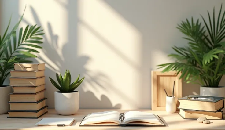 A detailed view of a beautifully arranged workspace or study, with books, plants, and neatly organized tools. The setting is calm and orderly, symbolizing Taurus’s role in maintaining stability. --ar 16:9