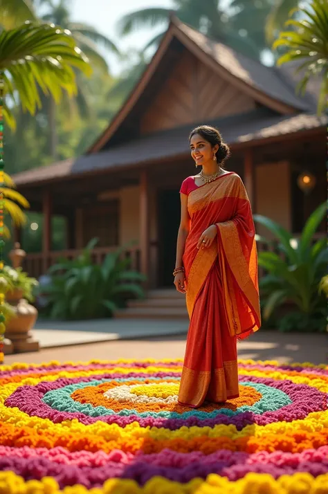 "Create a festive scene celebrating Onam with a beautiful white girl wearing a traditional Kerala saree. She stands joyfully next to a vibrant, colorful pookalam (floral design) made with intricate flower arrangements on the ground. The background showcase...