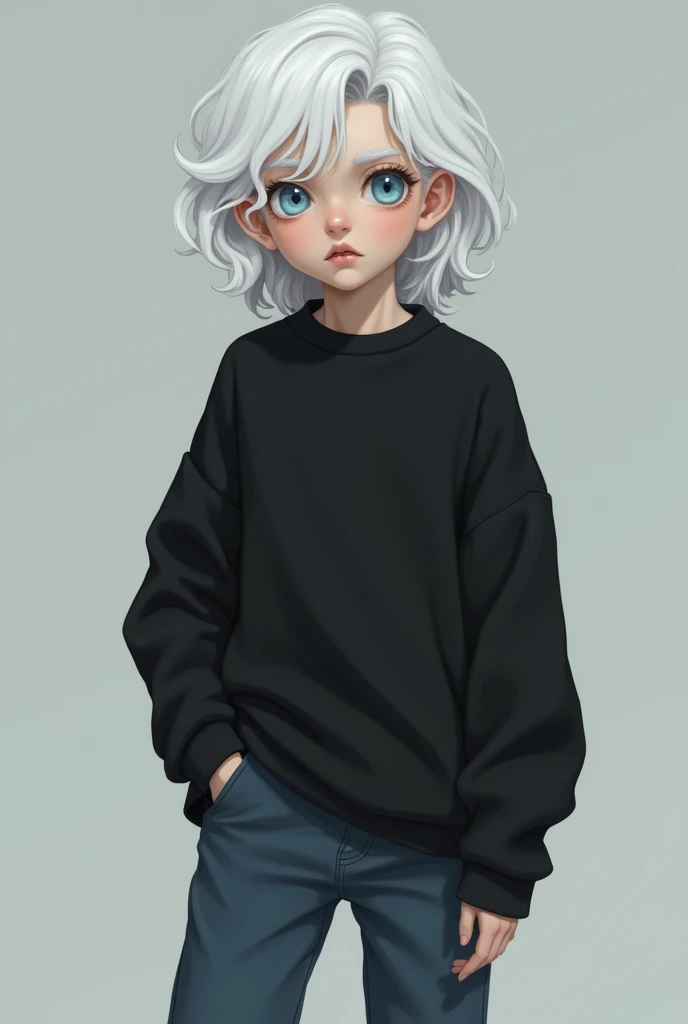 teenage boy, Male gender, , average height, He has albino hair, White eyelashes and eyebrows, androgynous in appearance, Wavy hair that reaches below the shoulders, She has a part in her hair on the side and bangs on one side as well., light blue eyes with...