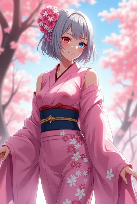 woman。Muscle White。Gray Hair。Bob。Odd Eye。Right eye is red。Left eye is blue。cherry blossoms柄のピンクの着物。whole body。cherry blossoms。Anime Style。