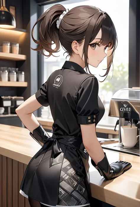 Upper body close-up（((masterpiece), on)"A fashionable maid working at a modern café. She wears a short dress with tights and leather boots. Her hair is in a ponytail, and the cafés logo is printed on her apron. The background is a modern café counter, with...