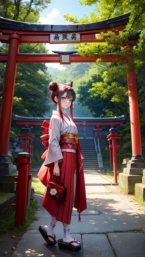 ((masterpiece,)),outdoor, Red Torii, Tree,  stairs,, 2 girls, Shrine maiden,Shrine maiden, Looking at the audience, review,, Red Legwear, red Ribbon, Black Hair,樱flower, sky, flower, Hair Bun, hair Ribbon, Japanese clothes, kimono, Long hair, Cat ears, sma...