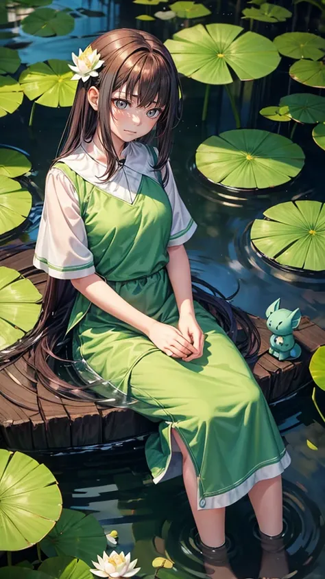 There was a girl sitting on a leaf, (White clothes), Fresh color scheme, There is a stuffed toy, Guvez-style artwork, Popular content on cgstation, Illustration by Li Song, Soft Animation, Lying on a lily pad, Sitting on the lotus, Lovely and detailed digi...