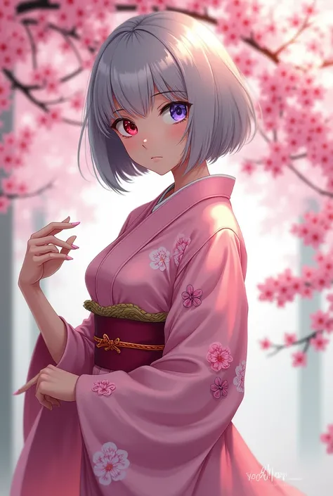 woman。Muscle White。Gray Hair。Bob。Odd Eye。Right eye is red。Left eye is blue。cherry blossoms柄のピンクの着物。whole body。cherry blossoms。Anime Style。