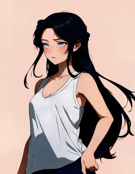 simple anime lines, girl with long black hair, hair blowing in the wind, long hair with highlights, girl with striking blue eyes, eyes with strong colors, girl with white tank top, simple poor man&#39;s clothes, mini short preto, surprise girl, sexy girl, ...