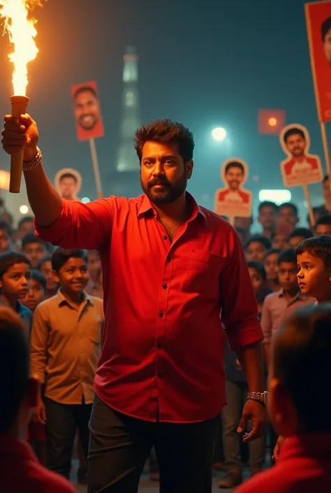  A middle age thalapathy Vijay  weight around 60 only with dark hair  wearing Red shirt in this hand he had burning torch  around small childrens with cutout and banners in night time