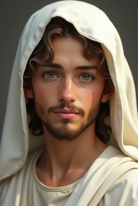 Generate a realistic image of Jesus with a white cloth on his head, younger 