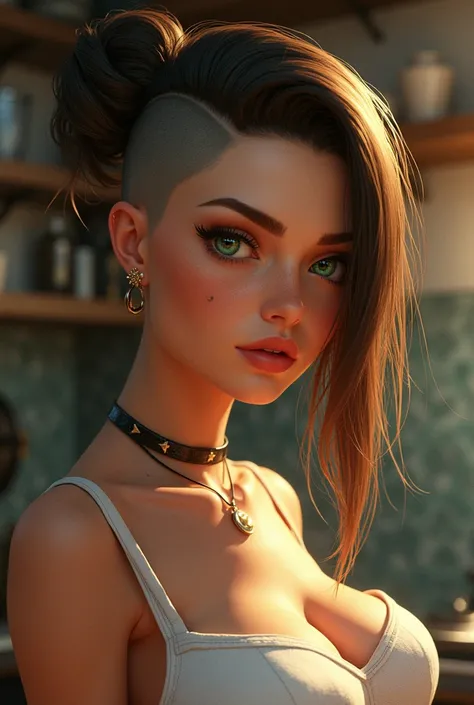 Beautiful Girl with tan skin, almond-shaped green eyes and dark-browned side shaved long hair . She got ear piercing in the right ear. She has a mole under each eye. Shes a chef.