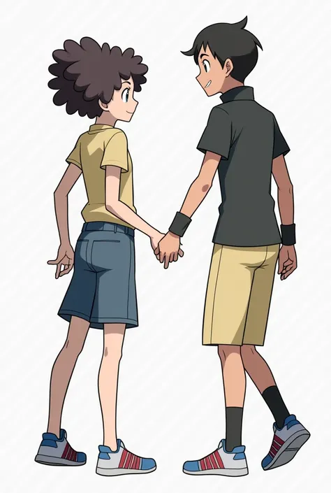 Two Pokémon trainers, a woman with curly hair and a man with short black hair, They are holding hands directing their bodies to the left side, Their full bodies must be seen and the image must be in anime style. Both should have their bodies facing the lef...