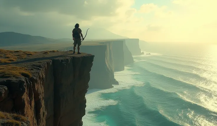 A person standing on a cliff edge overlooking a vast ocean, with a look of wonder and excitement. The scene captures the expansive beauty and adventurous spirit of Sagittarius. --ar 16:9