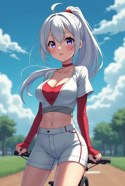 HD、Animation style、white hair 、Purple Eyes、girl、plump breasts 、High school student 、single ponytail、Baseball player、Light color short sleeve top、Long sleeve red underwear、Good shape、Thin、sash、Sky、cloud、sunny、Cycling、Navel exposed、dazzler、Breasts exposed、ni...