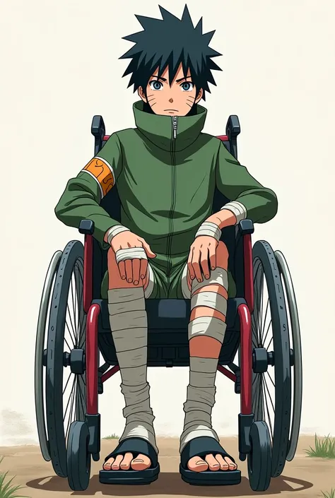 rock lee character from naruto anime in wheelchair bandaged 