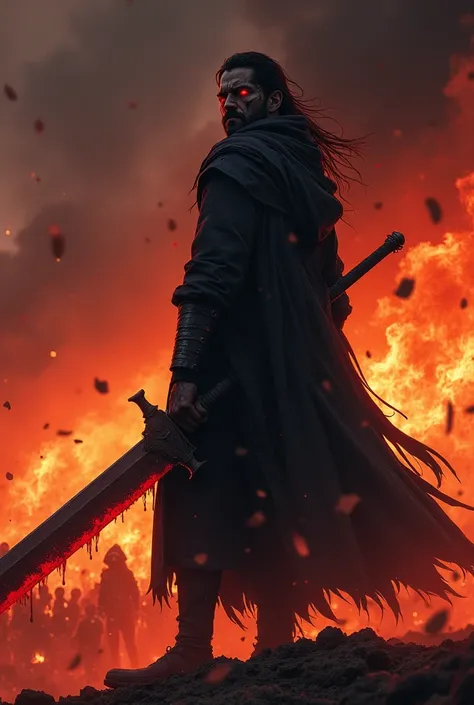 Here’s a badass anime character description you can use for generating an epic wallpaper:

---

"A lone warrior stands at the edge of a fiery battlefield, his silhouette dark against the blaze. His eyes burn with untamed energy, glowing red like embers of ...