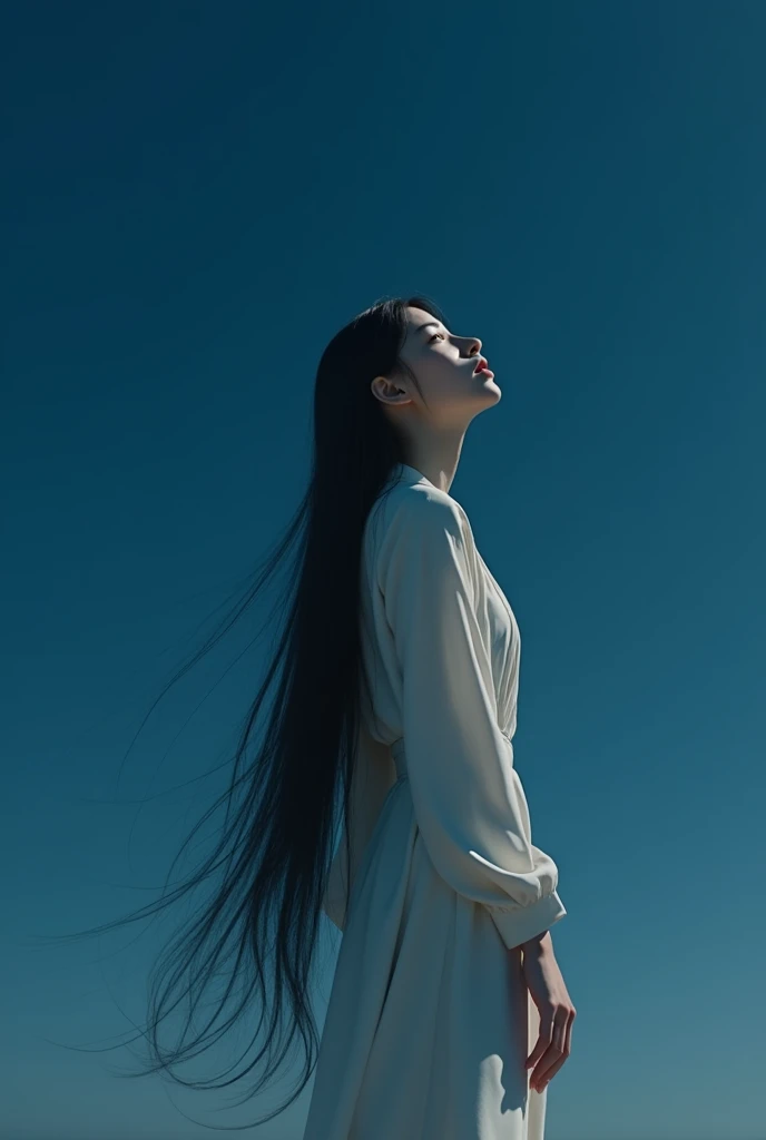 make profile picture human japanese girl long hair facing up the dark blue sky . make it like real human not cartoon not anime. dont show her face