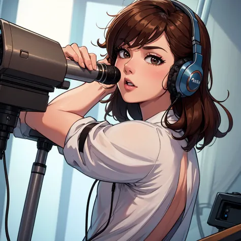 masterpiece, best quality, ultra-detailed, illustration,, recbooth, solo, microphone, headphones, realistic, brown hair, shirt, cable, white shirt, from behind, microphone, microphone stand,  