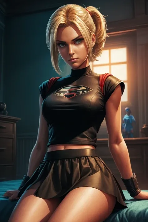 a woman in a black top and blue skirt sitting on a bed, android 18, power girl, comic digital art, looking like annie leonhart, beautiful comic art, annie leonhart, inspired by Rob Liefeld, cutesexyrobutts, she is ready to fight, high quality colored sketc...