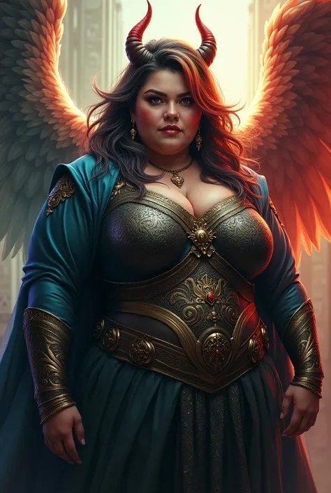 A badass chubby half demon/half angel mother, black medium length wth rainbow streaks hair wearing a noblewoman outfit