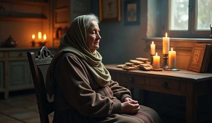 Sitting on a simple wooden chair, father was, an elderly, slightly chubby woman, wears a traditional long Bulgarian dress and a scarf covering her white head. Your eyes are closed, and in front of her, an old table is covered with lit candles and old books...