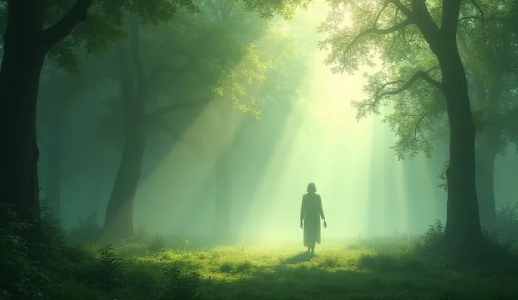 A peaceful scene of a person walking through a misty forest, with soft, ethereal light filtering through the trees. The atmosphere is calming and otherworldly, reflecting Pisces’s connection to spirituality and peace. --ar 16:9