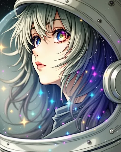 Close-up of an improved masterpiece:1.5)0.9], (Space and astronauts:1.2) (messy silver hair:1.1) (heterochromia: xanthochromia and blue eyes:1.2) (Space helmet:1.0) (Colourful stars in the eyes:1.0) (A radiant glow:1.1) (thick lips:0.9)