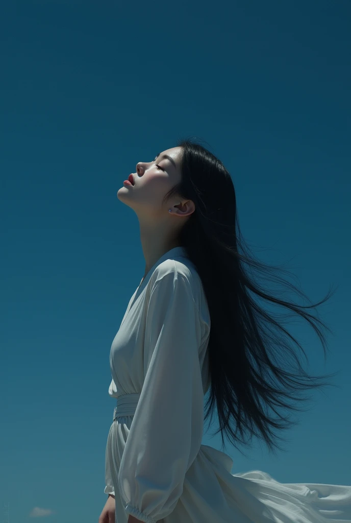 make profile picture human japanese girl long hair facing up the dark blue sky . make it like real human not cartoon not anime. dont show her face