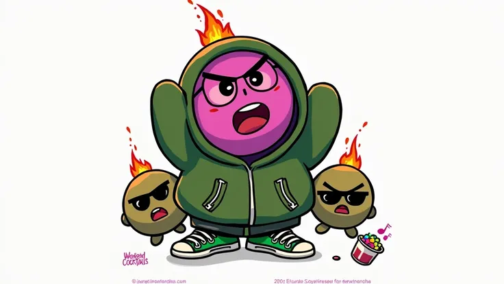 VARIOUS Spherical Bob-omb, SINGING… with a hooded jacket, with the fuse on fire in the head, with dark sunglasses, with green Nike tennis shoes, Drinking a slush cocktail in a white styrofoam cup, with the name of the establishment called WEEKEND cocktails...