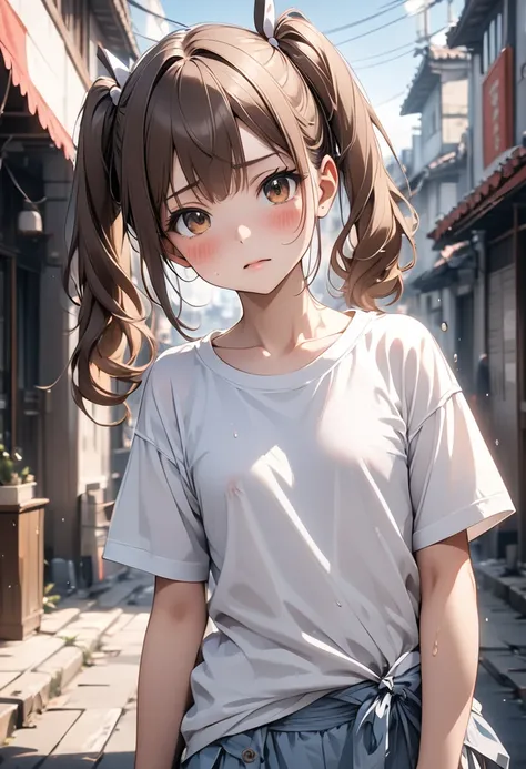  Very cute and beautiful girl,Anime Girls_1 person, Ryujo_Kantai Collection,Standing,small,Brown_hair, Twin tails, Brown_eye, correct, Wearing a tattered T-shirt, Wearing white panties, Flat chest, Sweating, And blush.(Best Quality,masterpiece:1.0),Absurd,...