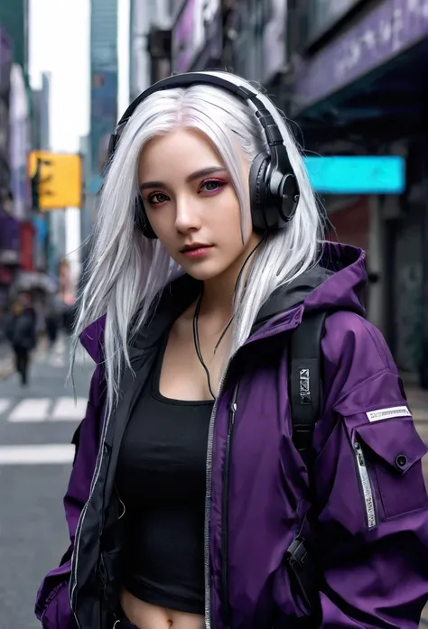 1girl, white hair, long hair, techwear  masterpiece, bestquality, realistic, realism, dark purple jacket, portrait, detailed eyes, wearing headset, platinum hair, 2 girl, fashion pose, half body, wide shoot, on the street, cyberpunk