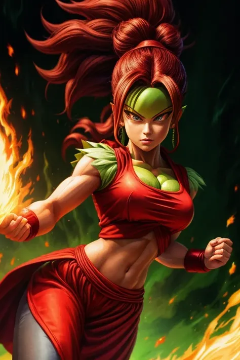 a drawing of a woman in a red outfit with a green background, saiyan girl, super saiyan, the princess of power, going super saiyan, broly, super saiyan 3, female goku, powering up aura, high quality colored sketch, inspired by INO, vibrant fan art, she has...