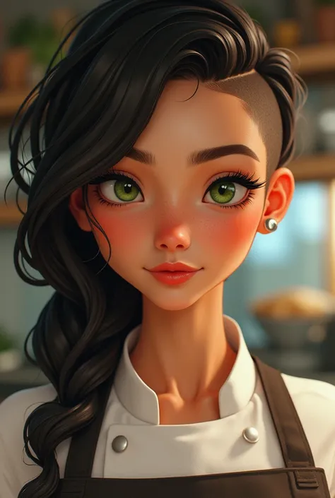 Beautiful Girl with tan skin, almond-shaped green eyes and dark-browned side shaved long hair . She got ear piercing in the right ear. She has a mole under each eye. Shes a chef.