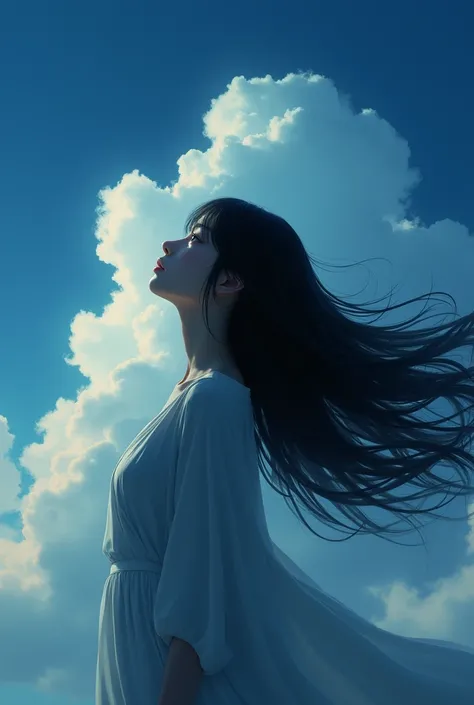 make profile picture human japanese girl long hair facing up the dark blue sky . make it like real human not cartoon not anime. dont show her face. not cartoon not anime