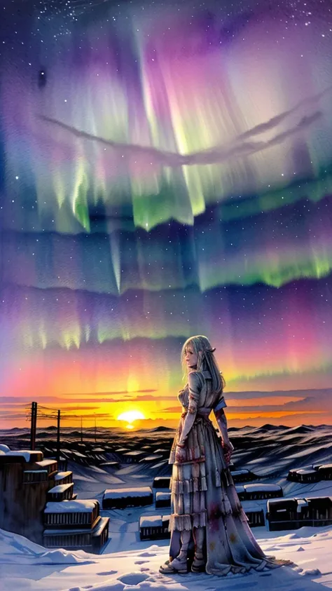 post-apocalyptic sunset at the end of the world from the new watercolor drawing aurora