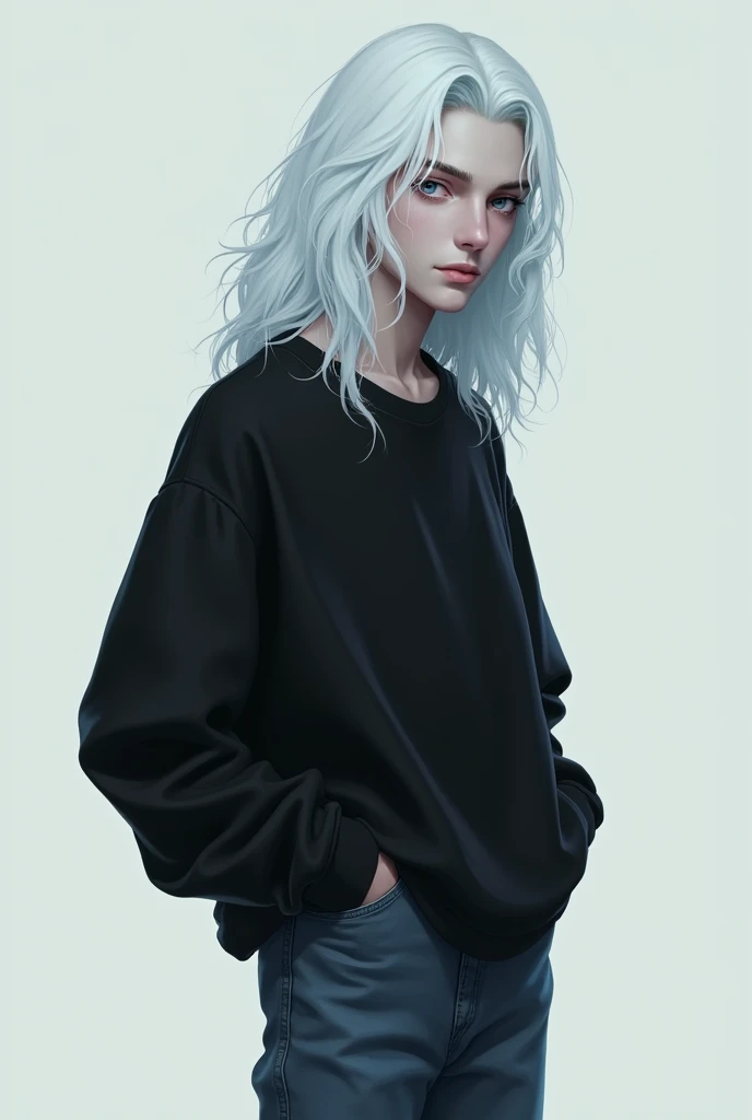 Young male, , average height, He has albino hair, White eyelashes and eyebrows, androgynous in appearance, Wavy hair that reaches below the shoulders, She has a part in her hair on the side and bangs on one side as well., light blue eyes with long eyelashe...