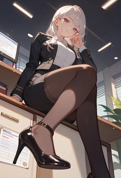 ((Best Quality)), ((masterpiece)), (be familiar with) Perfect Face、Mature beautiful woman、Sitting with legs crossed, The whole body, even the toes, See the audience at your feet、Looking down、Office Style、business suit、Black jacket、White open shirt、Black kn...