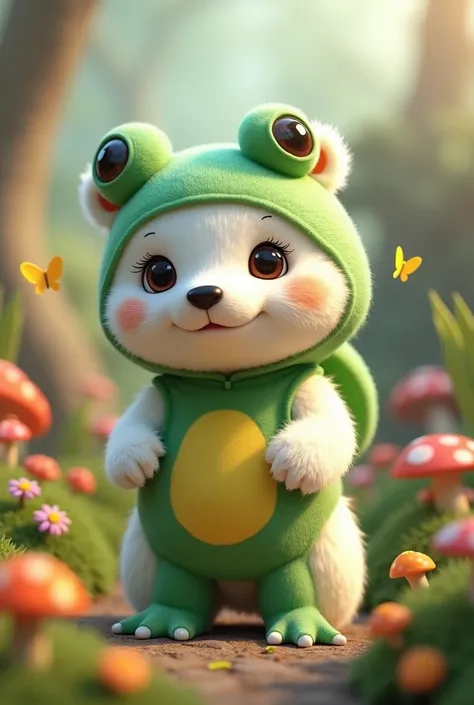 
cute 3d polar bear in frog costume in cute environment