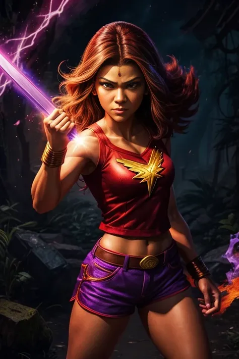 a woman in a red shirt and purple shorts holding a sword, portrait of modern darna, epic comic book style, saiyan girl, maya ali as a lightning mage, comic book character, she has fire powers, fanart, super-hero girl, comic digital art, 90s comic book char...