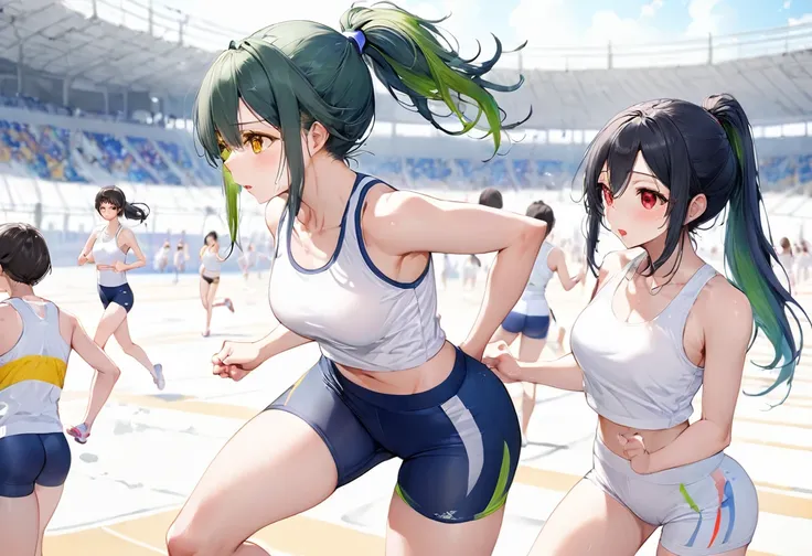 (Delicate and beautiful), (Relay Race style), (profile:1.2, running and hand holding a Short tube), (a girl is ponytail black hair long  hair cool red eyes, big tits, in a white Gym clothes,navy blue hot pants), and, (a girl is ponytail green hair long hai...