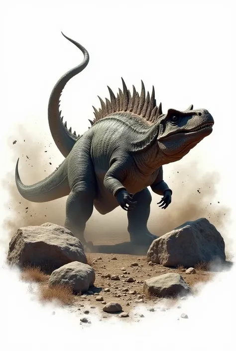 Highest quality, masterpiecce, RAW photos, Flim Grain, Ultra-realism, Realistic-oriented, Oblique angle view,High-resolution image of a ferocious ((Ankylosaurus:1.9)) dinosaur crashing through a large rock. on the white blank background with the font-logo,...