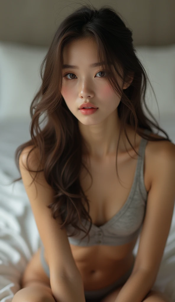 beauty, hidden face, 1 girl, beauty: 1.3, Slim abs: 1.1, Shirt vest, long brown hair, (Sitting on the bed), ultra detailed face, Very detailed lips, detailed eyes, double eyelids