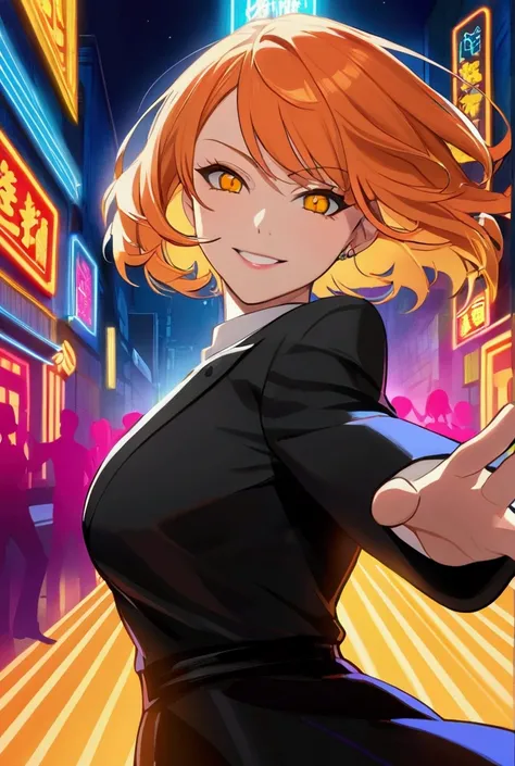 A mature woman with a sharp style, Short orange hair and yellow eyes、Face close-up、High exposure、Urban Neon Background、Fearless smile、Dance away、decoration、Glaring